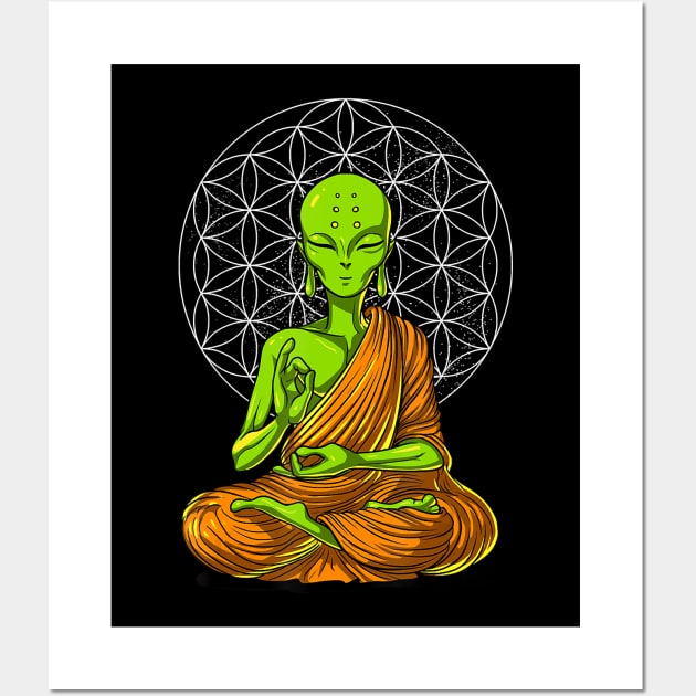 Alien Yoga Meditation Buddha UFO Zen Cosmic Flower Of Life Wall Art by JaydeMargulies